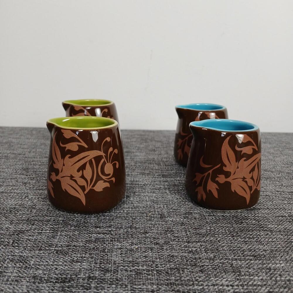 Jo!e Ceramic Mini Creamer Set of 4 Brown Floral Turquoise Green Coffee Pitchers